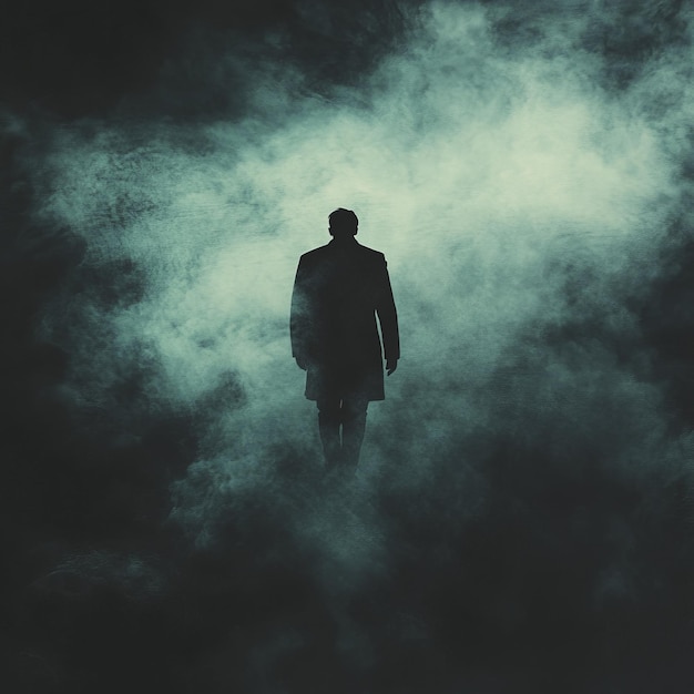 Photo dark silhouette of a man emerging from dense fog