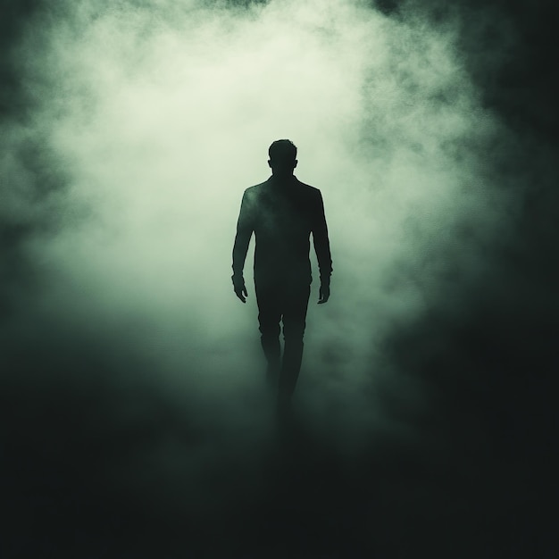 Photo dark silhouette of a man emerging from dense fog