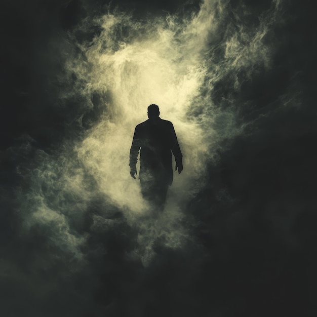 Photo dark silhouette of a man emerging from dense fog