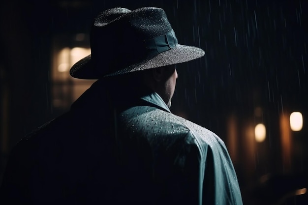 dark silhouette of a man in a raincoat with a hat at night on the street in a crime Noir style