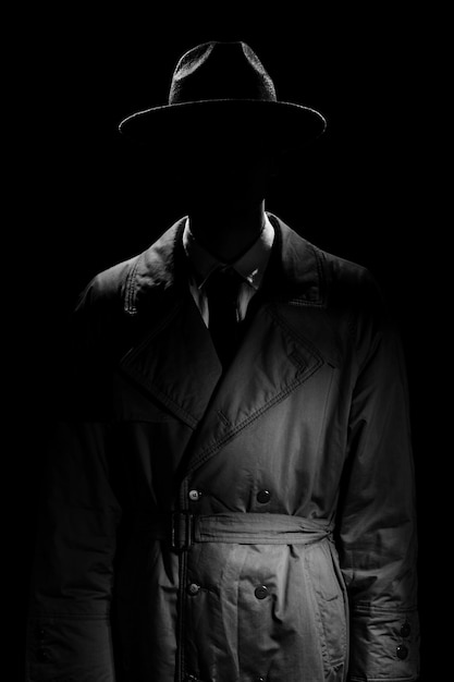 A dark silhouette of a man without a face in a coat and hat in the noir style A dramatic portrait in the style of detective films of the 1950s and 60s The silhouette of a spy