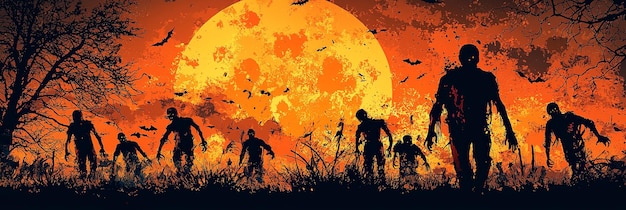 Dark silhouettes of zombies under a huge yellow moon