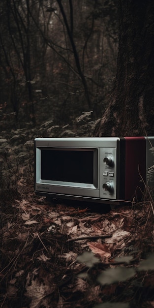 Dark Silver And Maroon Microwave On The Edge Of Woods