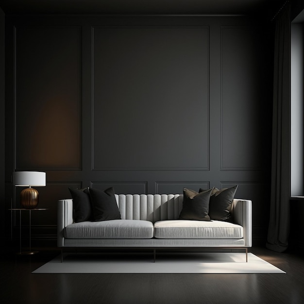 Dark simple interior background living room with gray sofa window and black wall Generative AI