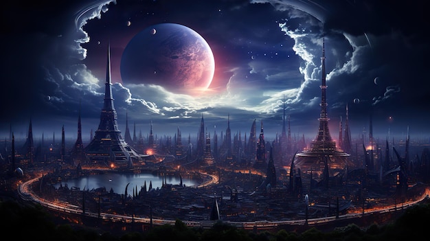 Dark Sky and Moon Over a Fictional Cityscape for Urban Fantasy