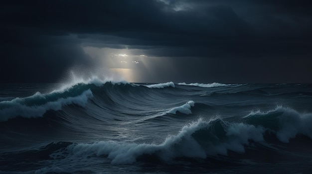 A dark sky sea waves colliding with each other and light in a small place