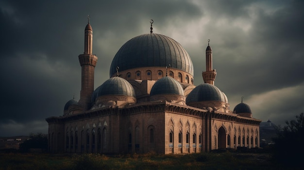 A dark sky with clouds and a mosque in the foreground