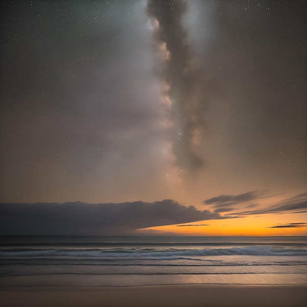 A dark sky with the milky way above the ocean at sunset.