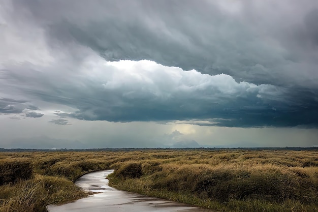 Dark sky with storm clouds in nature cloudscape above field background