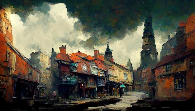 Dark and smoky old streets concept art illustration