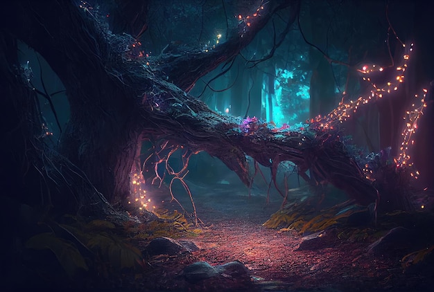 Dark spooky enchanted forest with glowing fairy light and fireflies Generative AI