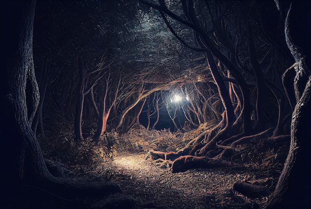 Dark spooky enchanted forest with glowing light on the path background Halloween and Fairytale concept Generative AI