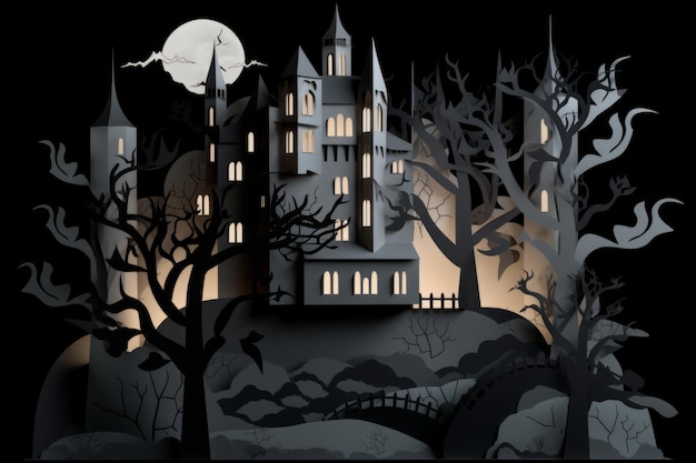 A dark and spooky haunted house with a moon in the background.