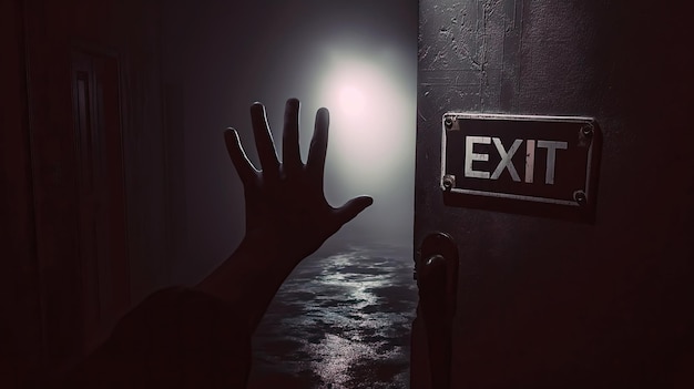 dark spooky horror ominous dimly lit hallway with hand reaching out towards exit sign board door