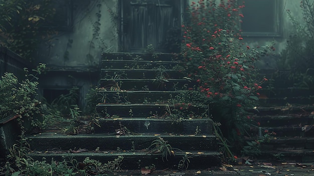 Photo a dark spooky old abandoned house with a door leading to a dark spooky spooky overgrown garden