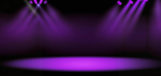 The dark stage shows, purple background, an empty dark scene, neon light, spotlights. Studio room.