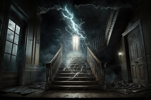 Dark stairs in horror house with bright lightning outside