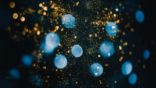 Photo a dark starry background featuring tiny golden particles and larger blurred bokeh lights