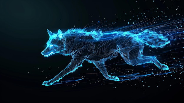 Photo dark starry background with a glowing neonblue wolf