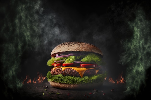 On a dark stone background with copy space a delicious homemade burger with beef tomato cheese cucumber and lettuce is being grilled looking up idea of fast food and junk food