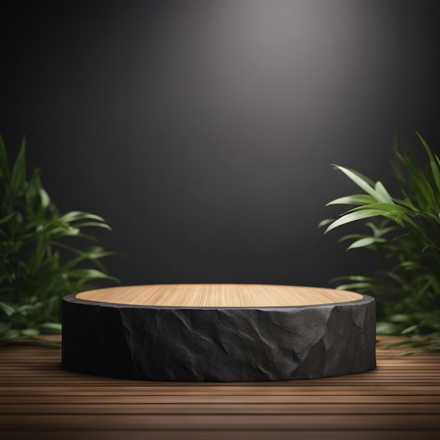 Dark stone podium for product display with bamboo branch background