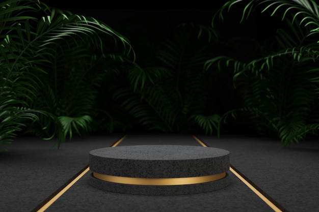 Dark stone podium stage display mockup for product presentation decorated with palm leaves