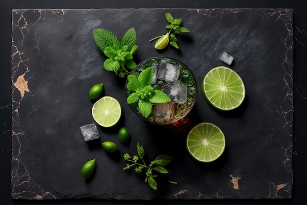 On a dark stone table is a mojito cocktail View from above with room for your text Generative AI