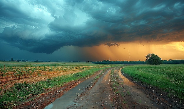 a dark storm cloud hangs over a dirt road