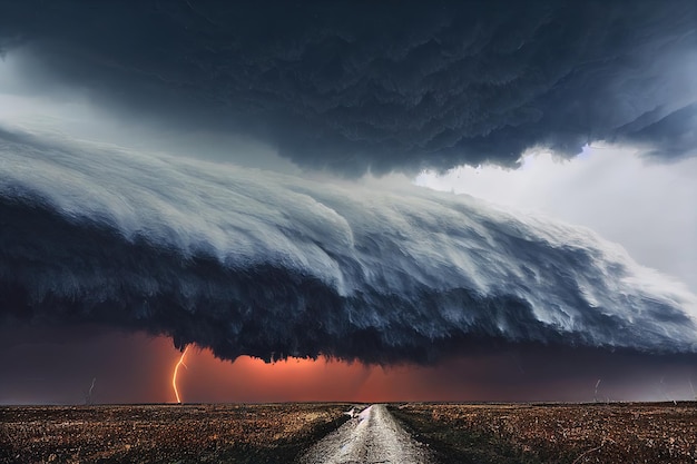 Dark stormy cloud in sky with lightning above field and road digital illustration