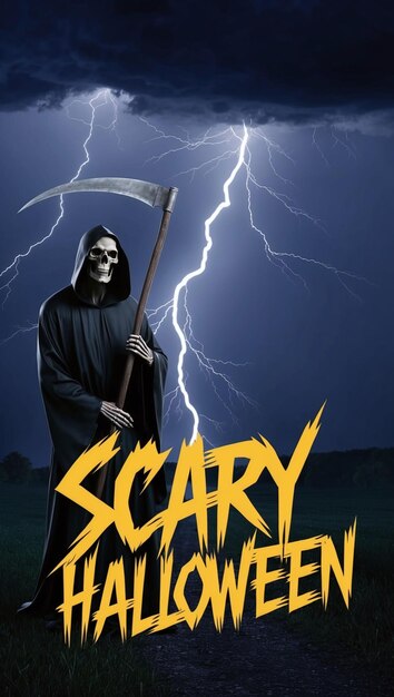 Photo dark stormy night scene with lightning a grim reaper figure holding a scythe and scary halloween written in bold jagged text