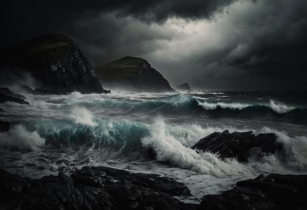 Dark stormy scene with waves crashing on the rocks Generative AI