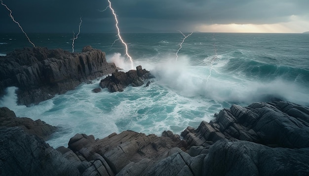 Dark stormy skies crash against rocky coastline natural beauty awe inspiring generated by AI