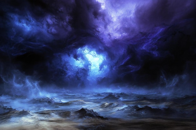 Dark stormy sky with glowing clouds and ocean