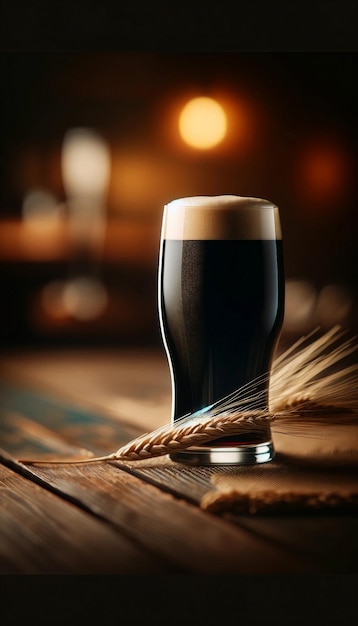 Dark Stout Beer with Creamy Head on Wooden Table