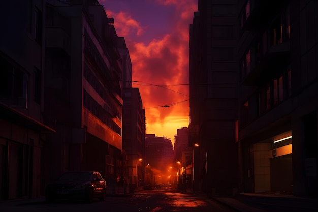 A dark street in a dark city with a red sky and a fire in the sky.