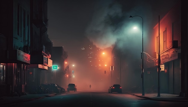 Dark street night smog and smoke neon light Dark background of the night city Generative ai