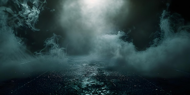 Dark street wet asphalt reflections of rays in the water Abstract dark background smoke Ai Generated