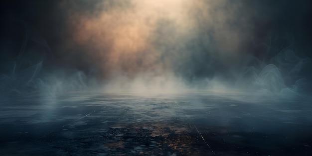 Dark street wet asphalt reflections of rays in the water Abstract dark background smokeAi Generated