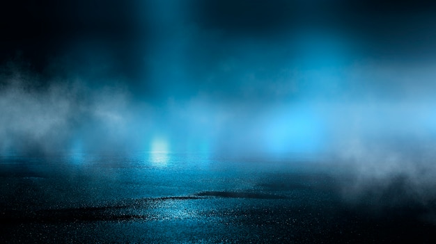 Dark street wet asphalt reflections of rays in the water Abstract dark blue smoke smog Empty dark scene neon light spotlights