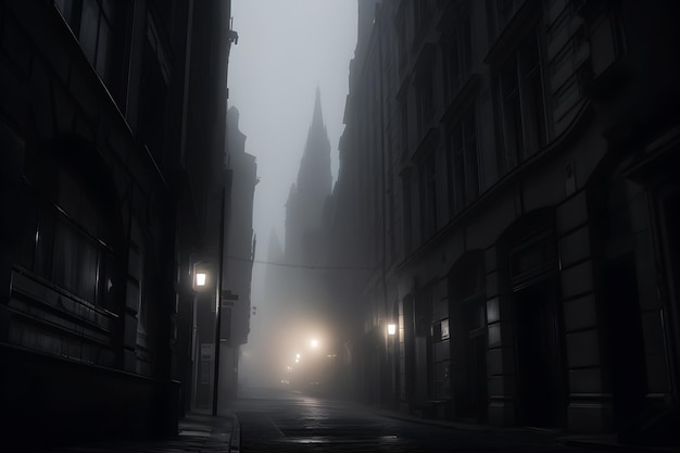 A dark street with a church in the background