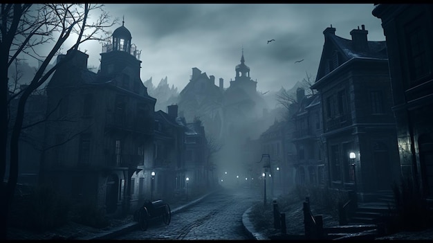 A dark street with a dark city in the background.