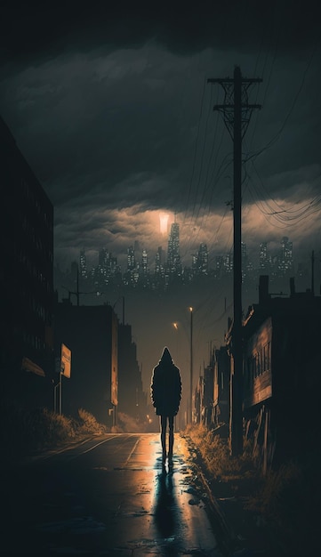 A dark street with a dark cityscape and a person standing in the middle of it.