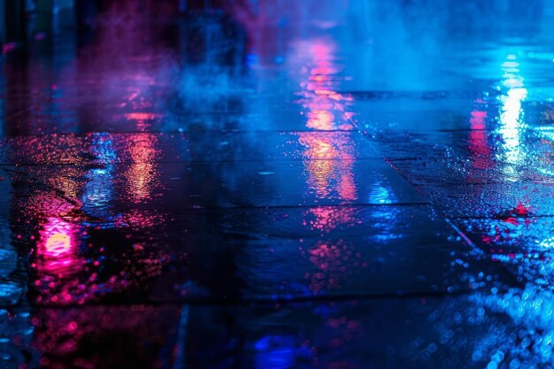 Dark street with wet asphalt and reflections of rays in the water smoke smog with neon light