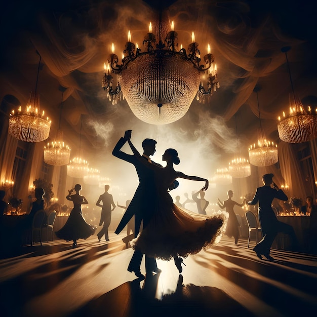 Dark style of swirling silhouettes in the ballroom where dancers glide with elegance amidst dimly l