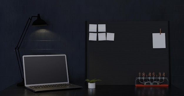 Photo dark table home office minimalist style stationery lamp note paper black wall 3d illustration