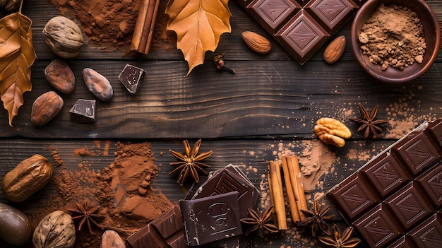 Dark table with chocolates spices nuts Cozy autumn atmosphere high angle shot