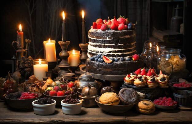 Dark table with various cake and desserts