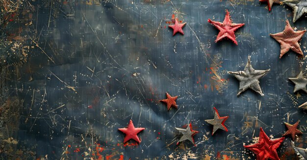 On a dark textured background rustic red and silver fabric stars adorned with twine create a festive