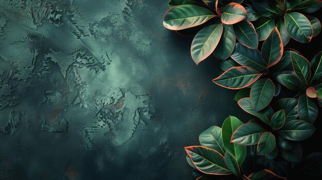 Dark textured background with vibrant green leaves in corner