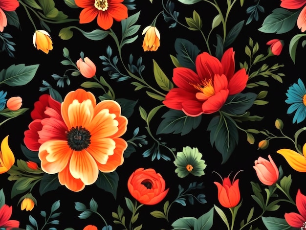 Dark Theme Watercolour Floral Pattern with Colourful Flowers